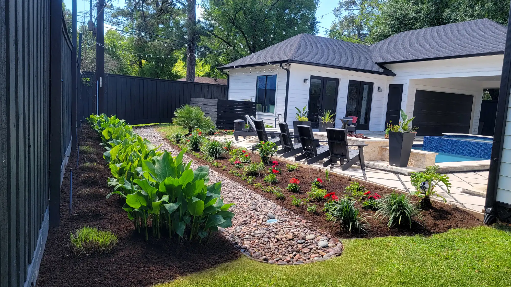 Beautiful landscaped backyard with pool and modern patio
